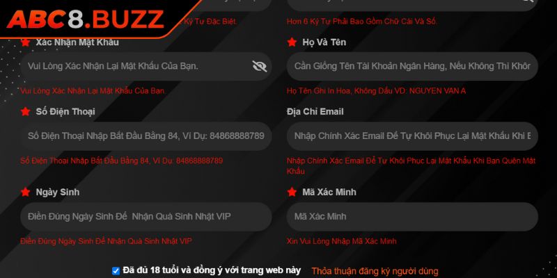 Đăng Ký abc8 3 Kiểm tra kỹ tính hợp lệ của email và số điện thoại khi tạo account